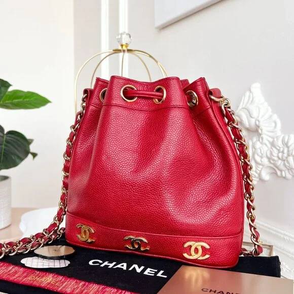 Authentic Chanel CC Bucket Mini Triple coco mark Shoulder Crossbody red B0970 - Picture 9 of 16